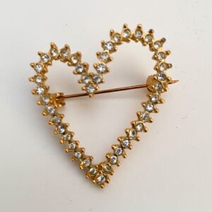 Vintage Clear Rhinestone Heart Brooch Pin Back